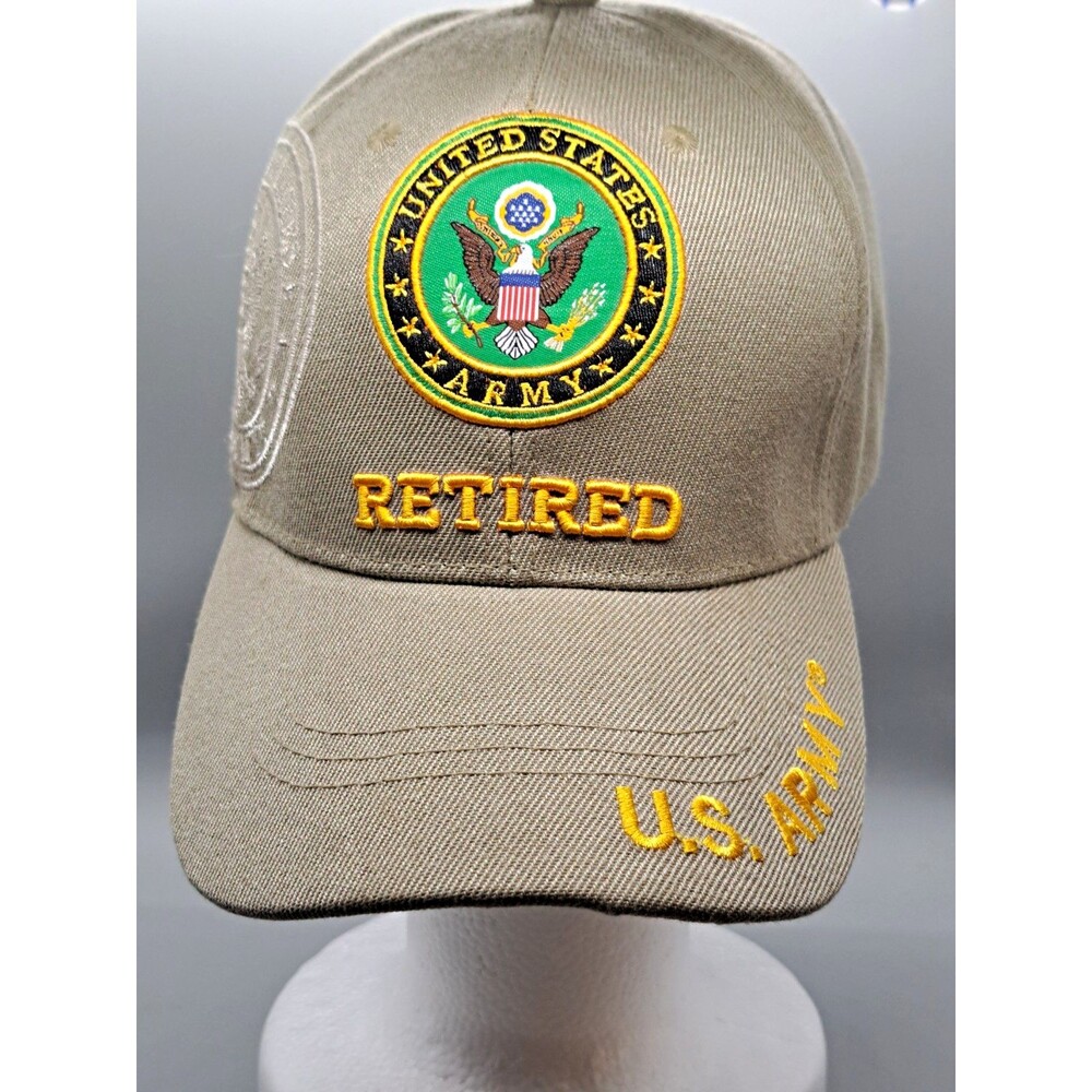 US Army Retired Hat US Warriors Khaki Tan Embroidered Military Veteran Cap